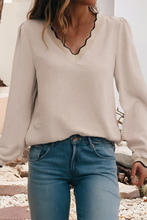 Load image into Gallery viewer, LDC Contrast Scallop Trim V Neck Long Sleeve Blouse: Jet Stream / L

