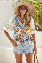 Load image into Gallery viewer, LDC  V Neck Half Sleeve Boho Floral Blouse: Multicolour / S
